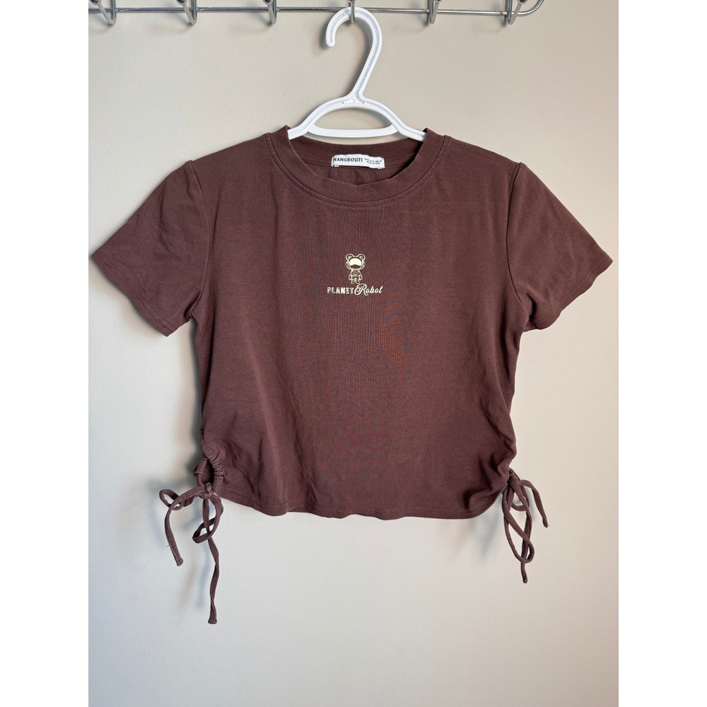 NANGBOUTI Planet Robot Graphic Ruched Side Tee Brown M Y2K Kawaii Streetwear‎